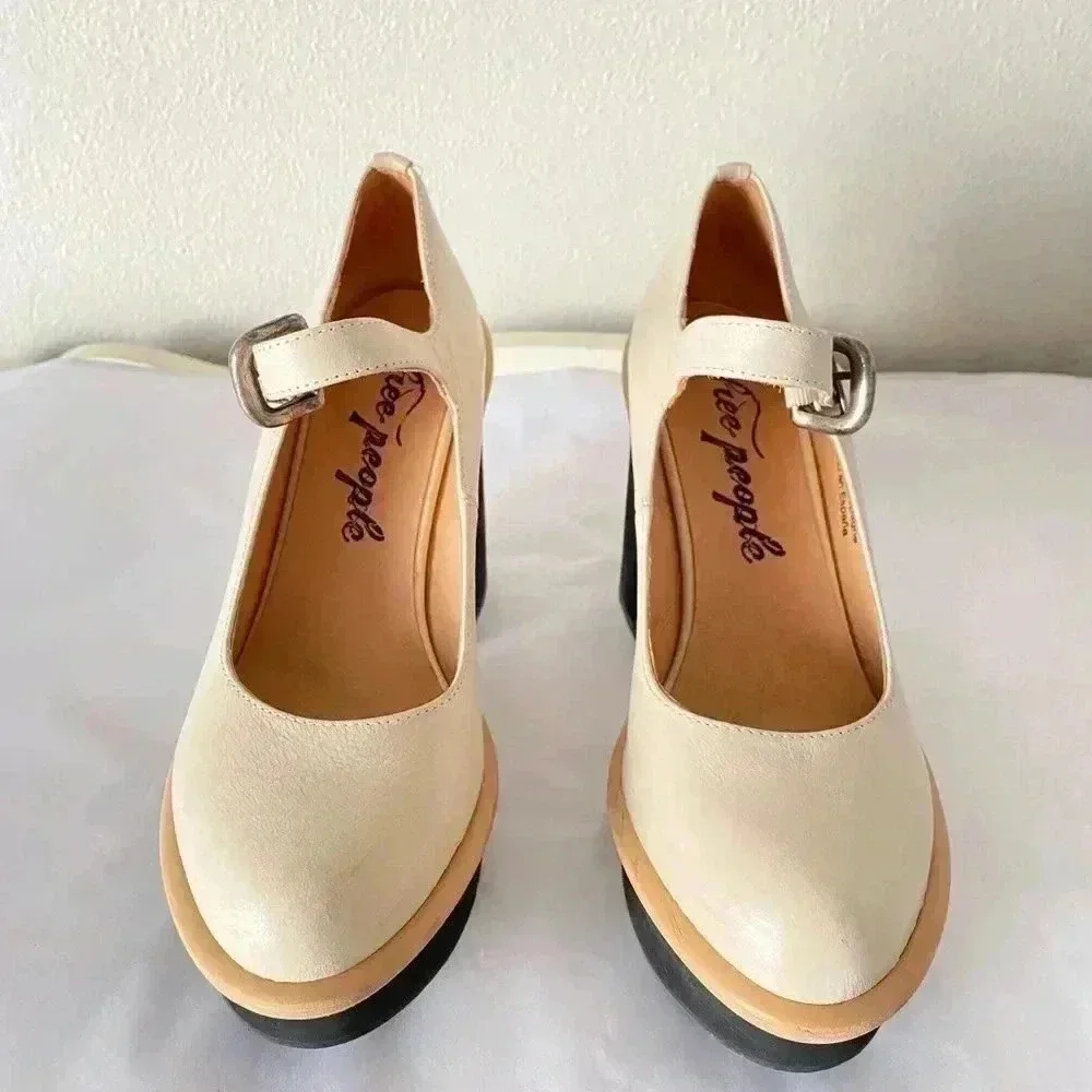 Free People Maggie Mary Jane White Leather Pumps Platform Heels Size 8.5